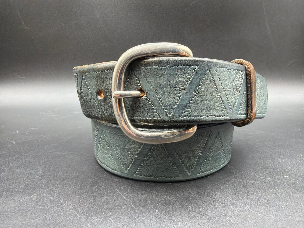 Vintage Blue Tooled Leather floral Belt Boho Western 33-37 Waist 42” USA